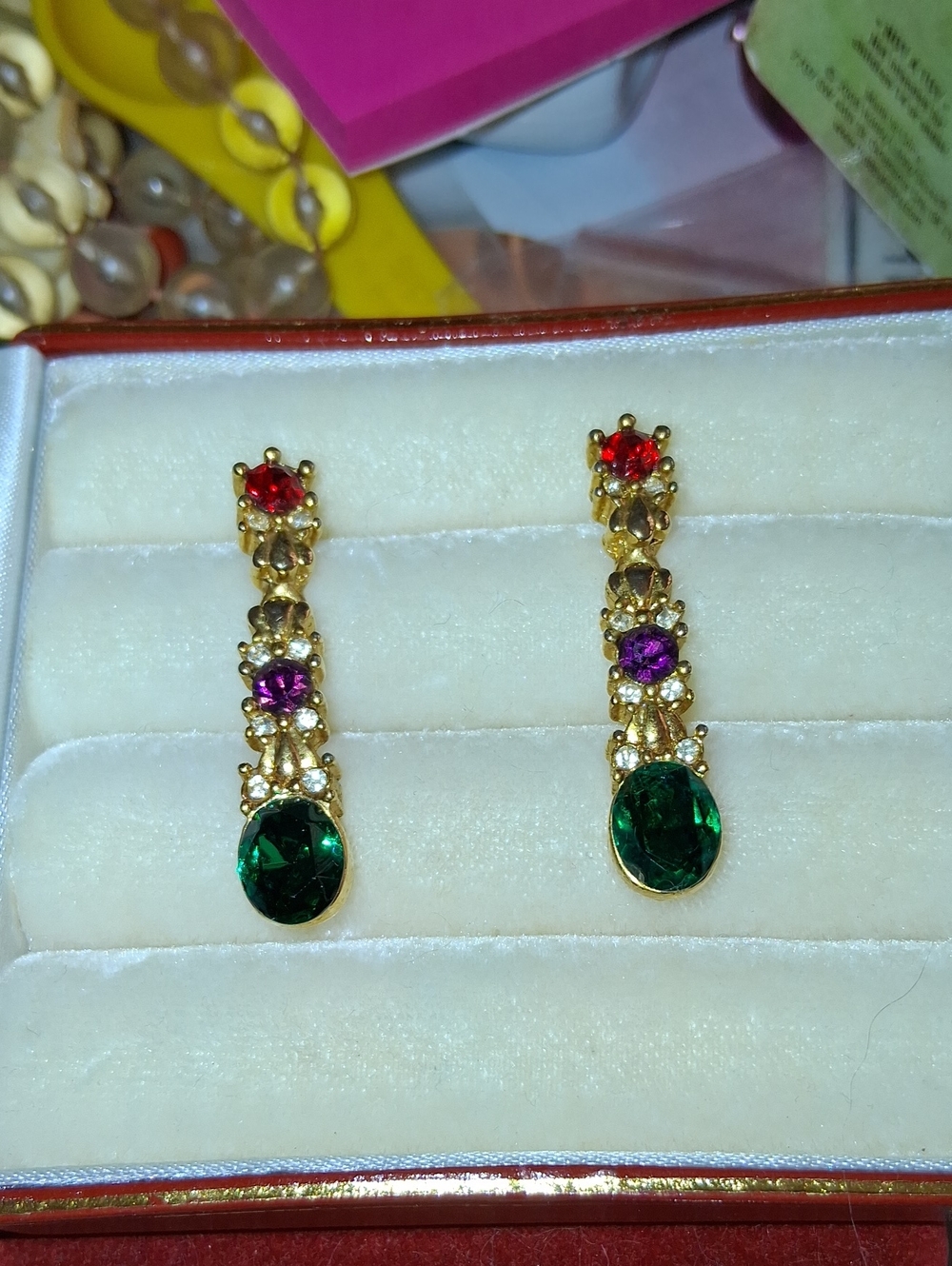 Vintage Gold-Tone Drop Earrings with Emerald, Ruby and Amethyst Stones